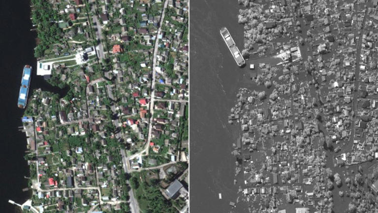 Satellite Images Showing The Area Before And After The Dam Fell.