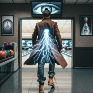Dall·e 2023 10 31 18.06.02 Photo Of A Man Walking Into A Bowling Alley With Plasma Energy Descending From The Sky Entering And Possessing His Body. The Entrance Of The Bowling -