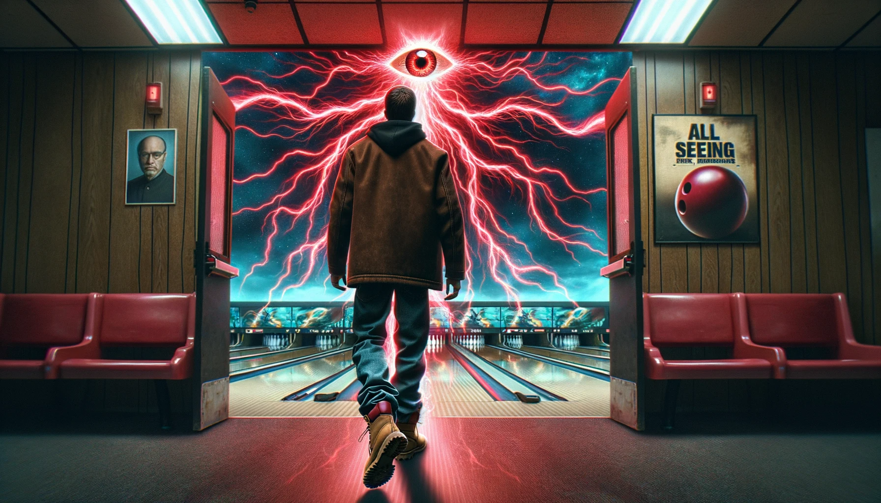 Dall·e 2023 10 31 18.24.54 Photo Of A Man Walking Into A Bowling Alley. The Sky Above Is Intense With Vibrant Red Plasma Tendrils Reaching Down Merging Into The Mans Body In -