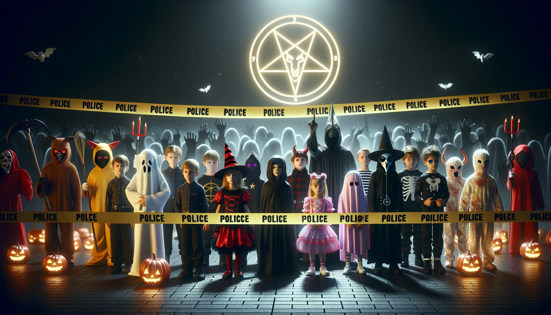 Dall·e 2023 11 01 17.25.12 Realistic Image Of Children In Halloween Costumes Gathered Behind Police Tape. The Scene Is Set At Night With An Ominous Glow. Among The Kids There A -