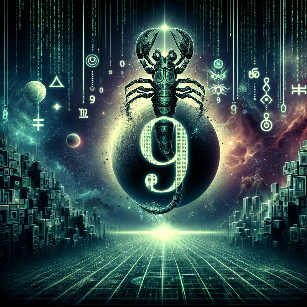 Dall·e 2023 11 11 09.55.12 Design An Image That Combines A Matrix Vibe With Truth Seeking Themes Prominently Featuring The Astrological Sign Scorpio And The Number Nine. Additi -