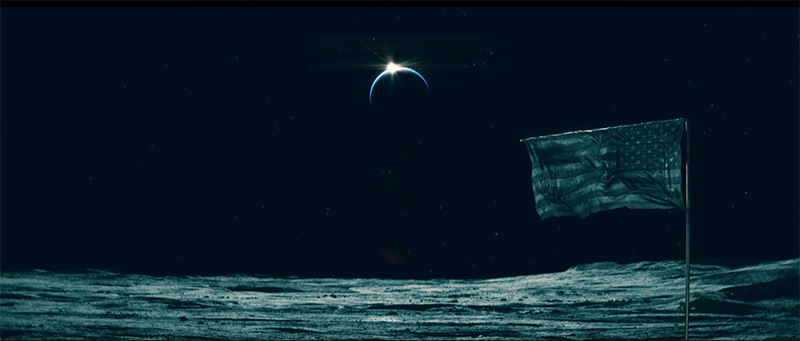 On Numerous Occasions, We See Shots From Space Such As This “Earth Eclipse” As Seen From The Moon (Including A Dirty American Flag). This Shot Gives The Attack An Otherworldly Dimension.