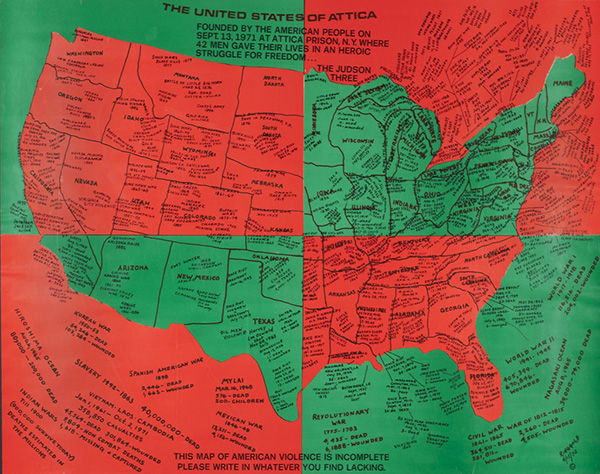 The Poster Above The Bed Is Called &Quot;United States Of Attica (1971)&Quot; And Was Created By The Painter And Activist Faith Ringgold. It Is A Red, Black, And Green Poster That Shows A Map Of The United States. On The Map, There Are Markings That Indicate Indigenous, Slave, And Immigrant Uprisings, As Well As Other Acts Of Violence That Have Taken Place In Each State Since The Late 1700S.