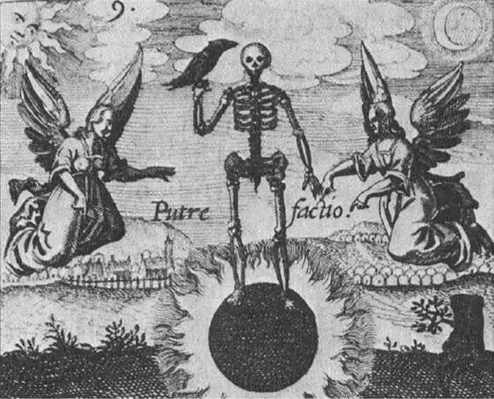 Skeleton Atop The Black Sun, The Putrefecation Of Nigredo. 1642. Philosophia Reformata