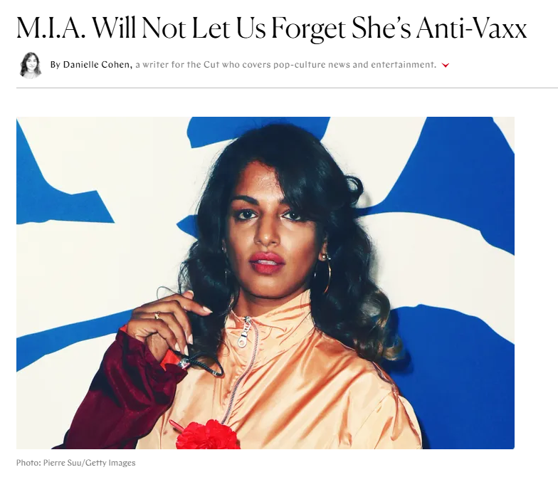 M.i.a. Will Not Let Us Forget She’s Anti-Vaxx