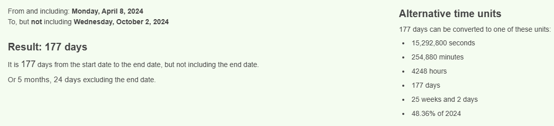 From And Including: Monday, April 8, 2024 To, But Not Including Wednesday, October 2, 2024 Result: 177 Days