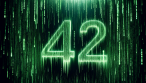 Dall·e 2023 11 06 13.13.51 A Wide Image With A Deep Green Matrix Digital Rain Background Creating A Sense Of Depth And Mystery. In The Foreground The Number 42 Is Prominen -