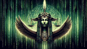 Dall·e 2023 11 06 13.34.09 A Full Width Banner Image Depicting The Egyptian Goddess Maat Known For Truth Justice And Balance. The Figure Of Maat Is Central Depicted With Tra -