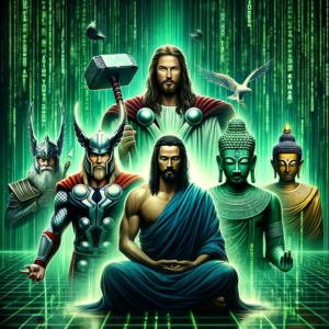 Dall·e 2023 11 09 22.04.49 Create An Image Featuring Jesus Thor Horus And Buddha Together In A Composition That Resonates With Truth Seekers And Has A Matrix Vibe. Jesus Is D -