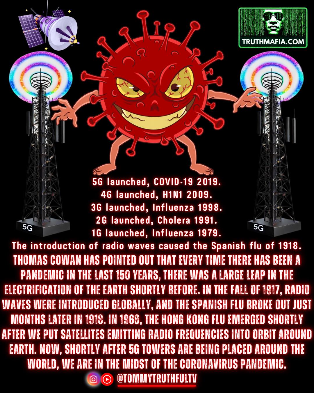 Pandemics And Tech Rollouts History Shows A Chilling Pattern: 1G Radio Waves → Spanish Flu (1918) 2G → Cholera Outbreaks 3G → Influenza Surge 4G → H1N1 5G → Covid-19 Timeline Each Leap In Electromagnetic Technology Has Coincided With A Major Global Health Crisis. This Isn’t A Coincidence.